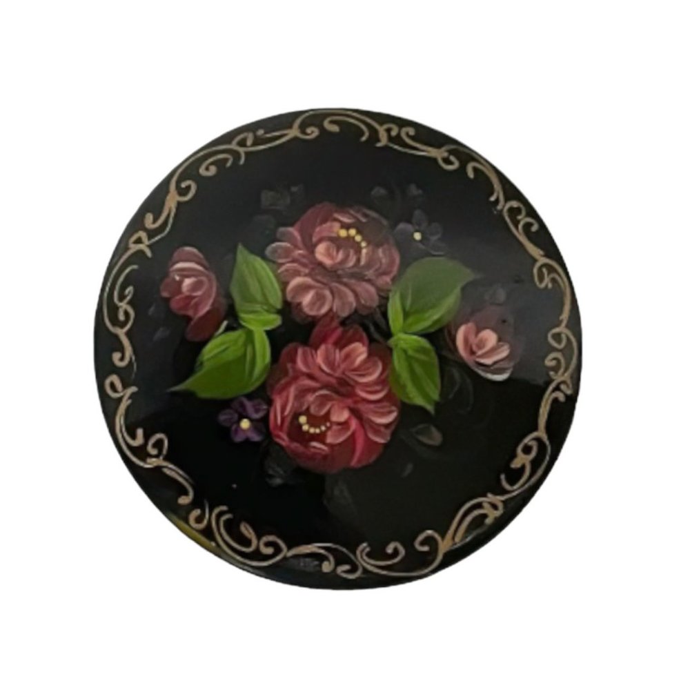 Vintage Black Lacquer Metallic Gold Pink & Green Hand Painted Floral  Circle Pin